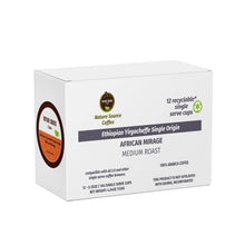 Load image into Gallery viewer, Ethiopian Yirgacheffe Single Origin Arabica Coffee, African Mirage - Single Serve Cups, 0.35oz-Nature Source Coffee-100% Arabica Coffee,Caffeine,Coffee,Compatible Single Serve Cups,Creamy,Ethiopian Yirgacheffe,Free of Artificial Flavors,Free of Pesticides,Fresh Roasted Daily,Ground,Medium Roast,Mellow,Naturally Caffeinated,Organic,Roasted & Packed in The U.S.A.,Single origin,Single Serve Cups,Sweet