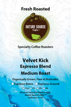 Load image into Gallery viewer, Velvet Kick Espresso Blend | Organic Arabica and Robusta Coffee | Medium Roast Roast | Fresh Roasted
