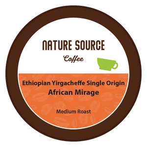 Ethiopian Yirgacheffe Single Origin Arabica Coffee, African Mirage - Single Serve Cups, 0.35oz-Nature Source Coffee-100% Arabica Coffee,Caffeine,Coffee,Compatible Single Serve Cups,Creamy,Ethiopian Yirgacheffe,Free of Artificial Flavors,Free of Pesticides,Fresh Roasted Daily,Ground,Medium Roast,Mellow,Naturally Caffeinated,Organic,Roasted & Packed in The U.S.A.,Single origin,Single Serve Cups,Sweet