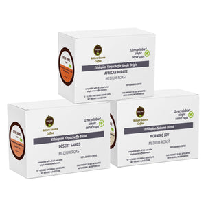 Ethiopian Yirgacheffe Single Origin Arabica Coffee, African Mirage - Single Serve Cups, 0.35oz-Nature Source Coffee-100% Arabica Coffee,Caffeine,Coffee,Compatible Single Serve Cups,Creamy,Ethiopian Yirgacheffe,Free of Artificial Flavors,Free of Pesticides,Fresh Roasted Daily,Ground,Medium Roast,Mellow,Naturally Caffeinated,Organic,Roasted & Packed in The U.S.A.,Single origin,Single Serve Cups,Sweet